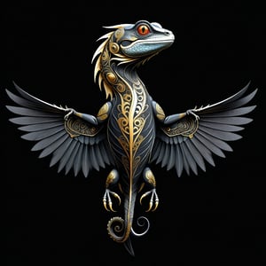 a lizard tribal whit wing majestic with clasic ornament Mechanical lines Elegance T-shirt design, BLACK BACKGROUND