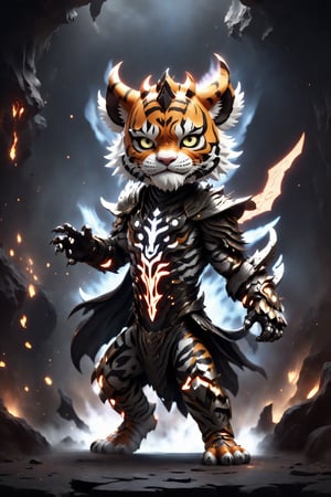chibi, full body, cyborg tiger, half body image,(Action Pose: 1.4), ((horror )), king of hell, highly detailed clothes, ((in dark hell)), large devil's wings , big body, ray tracing, with eerie white light penetrating and gradient shadows , (magic mysterious background, glowing particles, ethereal fog, faint darkness), hyper realistic cover photo awesome full color,chibi style,3d style,cyborg style
