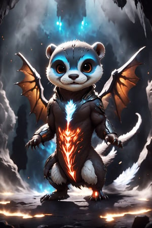 chibi, full body, cyborg otter animal, half body image,(Action Pose: 1.4), ((horror )), king of hell, highly detailed clothes, ((in dark hell)), large devil's wings , big body, ray tracing, with eerie white light penetrating and gradient shadows , (magic mysterious background, glowing particles, ethereal fog, faint darkness), hyper realistic cover photo awesome full color,chibi style,3d style,cyborg style