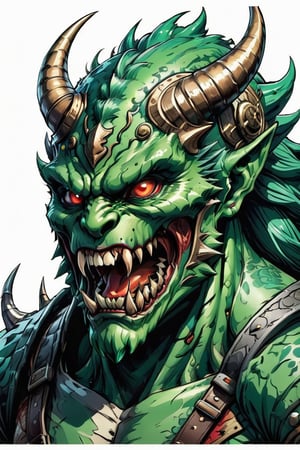 The mouth is torn long and the teeth are sticking out. The Japan classic monster with a rugged face with horns on its head,  tattoo design,  white background, detailed image,darkart,comic book, GREEN COLOR
