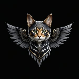a cat tribal whit wing majestic with clasic ornament Mechanical lines Elegance T-shirt design, BLACK BACKGROUND