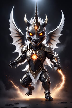 chibi, full body, cyborg unicorn, half body image,(Action Pose: 1.4), ((horror )), king of hell, highly detailed clothes, ((in dark hell)), large devil's wings , big body, ray tracing, with eerie white light penetrating and gradient shadows , (magic mysterious background, glowing particles, ethereal fog, faint darkness), hyper realistic cover photo awesome full color,chibi style,3d style,cyborg style