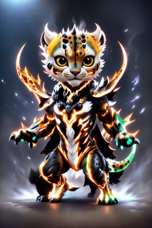 chibi, full body, cyborg cheetah animal, half body image,(Action Pose: 1.4), ((horror )), king of hell, highly detailed clothes, ((in dark hell)), large devil's wings , big body, ray tracing, with eerie white light penetrating and gradient shadows , (magic mysterious background, glowing particles, ethereal fog, faint darkness), hyper realistic cover photo awesome full color,chibi style,3d style,cyborg style