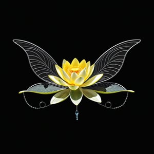 a water lily flower whit wing majestic with clasic ornament Mechanical lines Elegance T-shirt design, BLACK BACKGROUND