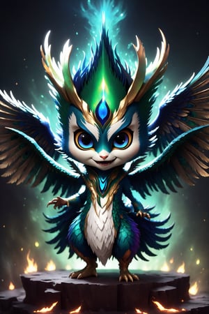 chibi, full body, peacock animal, half body image,(Action Pose: 1.4), ((horror )), king of hell, highly detailed clothes, ((in dark hell)), large devil's wings , big body, ray tracing, with eerie white light penetrating and gradient shadows , (magic mysterious background, glowing particles, ethereal fog, faint darkness), hyper realistic cover photo awesome full color,chibi style,3d style,cyborg style
