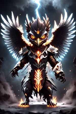 chibi, full body, cyborg eagle half body image,(Action Pose: 1.4), ((horror )), king of hell, highly detailed clothes, ((in dark hell)), large devil's wings , big body, ray tracing, with eerie white light penetrating and gradient shadows , (magic mysterious background, glowing particles, ethereal fog, faint darkness), hyper realistic cover photo awesome full color,chibi style,3d style,cyborg style