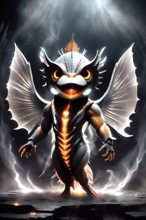 chibi, full body, cyborg fish half body image,(Action Pose: 1.4), ((horror )), king of hell, highly detailed clothes, ((in dark hell)), large devil's wings , big body, ray tracing, with eerie white light penetrating and gradient shadows , (magic mysterious background, glowing particles, ethereal fog, faint darkness), hyper realistic cover photo awesome full color,chibi style,3d style,cyborg style