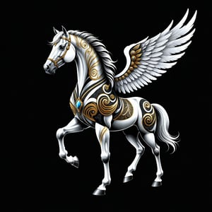 a horse tribal whit wing majestic with clasic ornament Mechanical lines Elegance T-shirt design, BLACK BACKGROUND