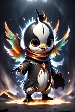 chibi, full body, cybor penguin, half body image,(Action Pose: 1.4), ((horror )), king of hell, highly detailed clothes, ((in dark hell)), large devil's wings , big body, ray tracing, with eerie white light penetrating and gradient shadows , (magic mysterious background, glowing particles, ethereal fog, faint darkness), hyper realistic cover photo awesome full color,chibi style,3d style,cyborg style
