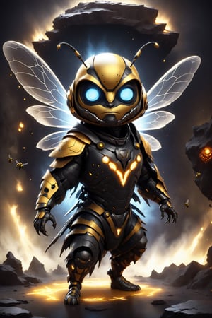 chibi, full body, cyborg bee, half body image,(Action Pose: 1.4), ((horror )), king of hell, highly detailed clothes, ((in dark hell)), large devil's wings , big body, ray tracing, with eerie white light penetrating and gradient shadows , (magic mysterious background, glowing particles, ethereal fog, faint darkness), hyper realistic cover photo awesome full color,chibi style,3d style,cyborg style