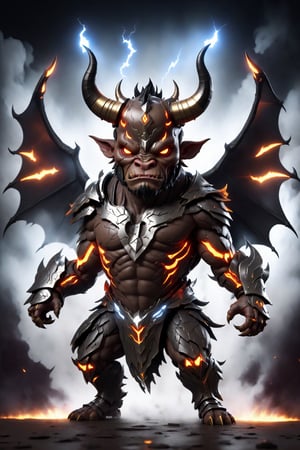 chibi, full body, cyborg bull half body image,(Action Pose: 1.4), ((horror )), king of hell, highly detailed clothes, ((in dark hell)), large devil's wings , big body, ray tracing, with eerie white light penetrating and gradient shadows , (magic mysterious background, glowing particles, ethereal fog, faint darkness), hyper realistic cover photo awesome full color,chibi style,3d style,cyborg style
