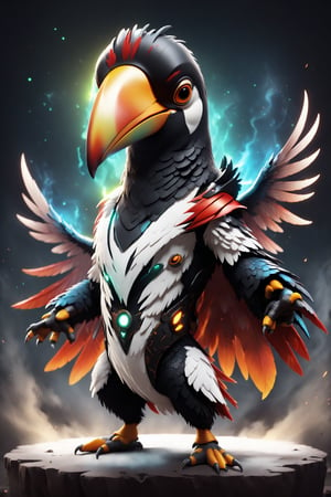 chibi, full body, cyborg toucan animal, half body image,(Action Pose: 1.4), ((horror )), king of hell, highly detailed clothes, ((in dark hell)), large devil's wings , big body, ray tracing, with eerie white light penetrating and gradient shadows , (magic mysterious background, glowing particles, ethereal fog, faint darkness), hyper realistic cover photo awesome full color,chibi style,3d style,cyborg style