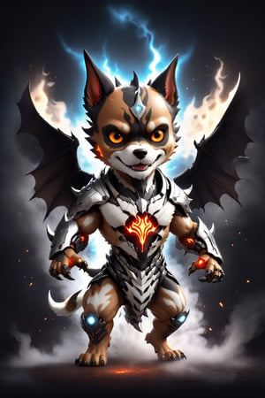 chibi, full body, cyborg dog half body image,(Action Pose: 1.4), ((horror )), king of hell, highly detailed clothes, ((in dark hell)), large devil's wings , big body, ray tracing, with eerie white light penetrating and gradient shadows , (magic mysterious background, glowing particles, ethereal fog, faint darkness), hyper realistic cover photo awesome full color,chibi style,3d style,cyborg style