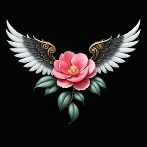 a camelia flower whit wing majestic with clasic ornament Mechanical lines Elegance T-shirt design, BLACK BACKGROUND