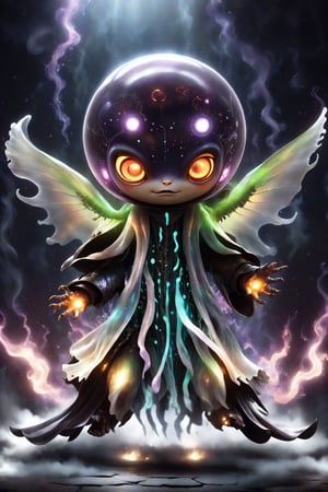 chibi, full body, cyborg jellyfish, half body image,(Action Pose: 1.4), ((horror )), king of hell, highly detailed clothes, ((in dark hell)), large devil's wings , big body, ray tracing, with eerie white light penetrating and gradient shadows , (magic mysterious background, glowing particles, ethereal fog, faint darkness), hyper realistic cover photo awesome full color,chibi style,3d style,cyborg style