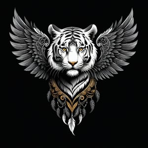 a tiger tribal whit wing majestic with clasic ornament Mechanical lines Elegance T-shirt design, BLACK BACKGROUND