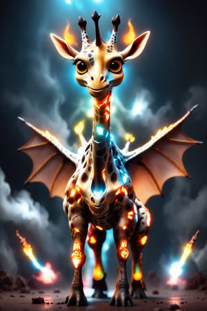 chibi, full body, cyborg giraffe, half body image,(Action Pose: 1.4), ((horror )), king of hell, highly detailed clothes, ((in dark hell)), large devil's wings , big body, ray tracing, with eerie white light penetrating and gradient shadows , (magic mysterious background, glowing particles, ethereal fog, faint darkness), hyper realistic cover photo awesome full color,chibi style,3d style,cyborg style