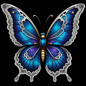 a butterfly iridicent whit lace elegant, clasic ornament Mechanical lines Elegance T-shirt design, BLACK BACKGROUND