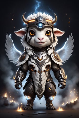 chibi, full body, cyborg sheep half body image,(Action Pose: 1.4), ((horror )), king of hell, highly detailed clothes, ((in dark hell)), large devil's wings , big body, ray tracing, with eerie white light penetrating and gradient shadows , (magic mysterious background, glowing particles, ethereal fog, faint darkness), hyper realistic cover photo awesome full color,chibi style,3d style,cyborg style