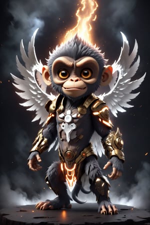chibi, full body, cyborg monkey half body image,(Action Pose: 1.4), ((horror )), king of hell, highly detailed clothes, ((in dark hell)), large devil's wings , big body, ray tracing, with eerie white light penetrating and gradient shadows , (magic mysterious background, glowing particles, ethereal fog, faint darkness), hyper realistic cover photo awesome full color,chibi style,3d style,cyborg style