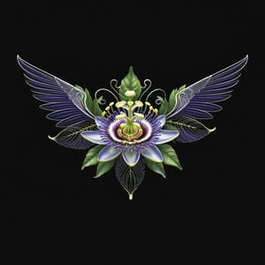 a passion flower whit wing majestic with clasic ornament Mechanical lines Elegance T-shirt design, BLACK BACKGROUND