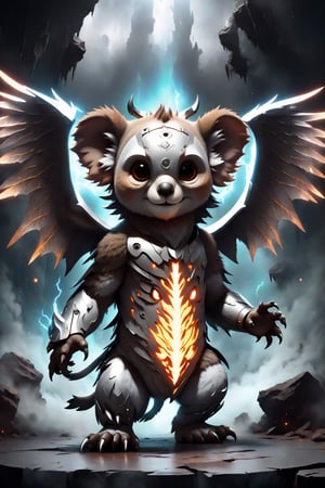 chibi, full body, cyborg koala, half body image,(Action Pose: 1.4), ((horror )), king of hell, highly detailed clothes, ((in dark hell)), large devil's wings , big body, ray tracing, with eerie white light penetrating and gradient shadows , (magic mysterious background, glowing particles, ethereal fog, faint darkness), hyper realistic cover photo awesome full color,chibi style,3d style,cyborg style