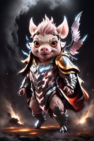 chibi, full body, cyborg pig half body image,(Action Pose: 1.4), ((horror )), king of hell, highly detailed clothes, ((in dark hell)), large devil's wings , big body, ray tracing, with eerie white light penetrating and gradient shadows , (magic mysterious background, glowing particles, ethereal fog, faint darkness), hyper realistic cover photo awesome full color,chibi style,3d style,cyborg style