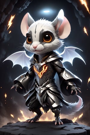 chibi, full body, cyborg mouse half body image,(Action Pose: 1.4), ((horror )), king of hell, highly detailed clothes, ((in dark hell)), large devil's wings , big body, ray tracing, with eerie white light penetrating and gradient shadows , (magic mysterious background, glowing particles, ethereal fog, faint darkness), hyper realistic cover photo awesome full color,chibi style,3d style,cyborg style