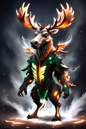 chibi, full body, cyborg moose animal, half body image,(Action Pose: 1.4), ((horror )), king of hell, highly detailed clothes, ((in dark hell)), large devil's wings , big body, ray tracing, with eerie white light penetrating and gradient shadows , (magic mysterious background, glowing particles, ethereal fog, faint darkness), hyper realistic cover photo awesome full color,chibi style,3d style,cyborg style
