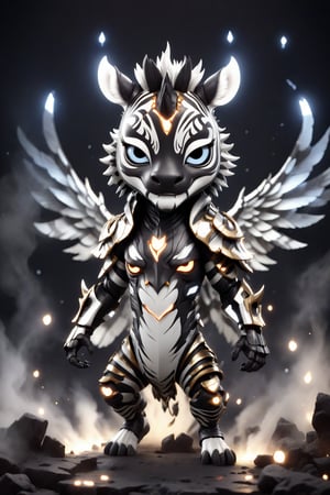 chibi, full body, cyborg zebra half body image,(Action Pose: 1.4), ((horror )), king of hell, highly detailed clothes, ((in dark hell)), large devil's wings , big body, ray tracing, with eerie white light penetrating and gradient shadows , (magic mysterious background, glowing particles, ethereal fog, faint darkness), hyper realistic cover photo awesome full color,chibi style,3d style,cyborg style