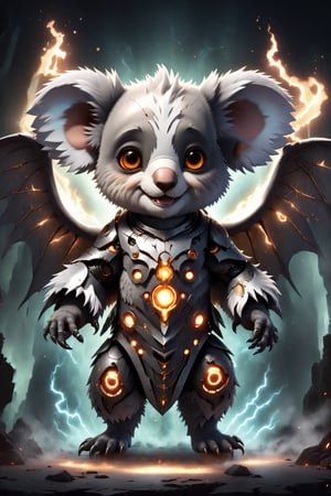 chibi, full body, cyborg koala animal, half body image,(Action Pose: 1.4), ((horror )), king of hell, highly detailed clothes, ((in dark hell)), large devil's wings , big body, ray tracing, with eerie white light penetrating and gradient shadows , (magic mysterious background, glowing particles, ethereal fog, faint darkness), hyper realistic cover photo awesome full color,chibi style,3d style,cyborg style