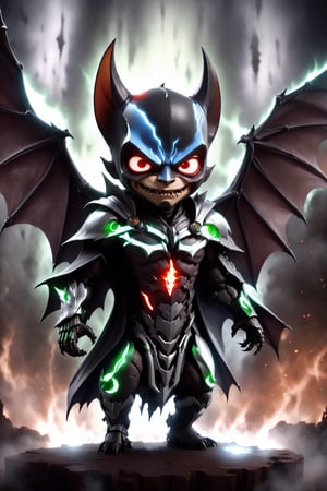 chibi, full body, cyborg bat half body image,(Action Pose: 1.4), ((horror )), king of hell, highly detailed clothes, ((in dark hell)), large devil's wings , big body, ray tracing, with eerie white light penetrating and gradient shadows , (magic mysterious background, glowing particles, ethereal fog, faint darkness), hyper realistic cover photo awesome full color,chibi style,3d style,cyborg style