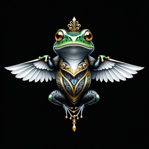 a frog tribal whit wing majestic with clasic ornament Mechanical lines Elegance T-shirt design, BLACK BACKGROUND