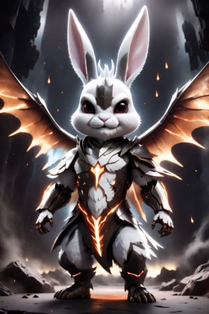 chibi, full body, cyborg rabbit, half body image,(Action Pose: 1.4), ((horror )), king of hell, highly detailed clothes, ((in dark hell)), large devil's wings , big body, ray tracing, with eerie white light penetrating and gradient shadows , (magic mysterious background, glowing particles, ethereal fog, faint darkness), hyper realistic cover photo awesome full color,chibi style,3d style,cyborg style