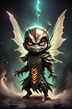 chibi, full body, grasshopper insect, half body image,(Action Pose: 1.4), ((horror )), king of hell, highly detailed clothes, ((in dark hell)), large devil's wings , big body, ray tracing, with eerie white light penetrating and gradient shadows , (magic mysterious background, glowing particles, ethereal fog, faint darkness), hyper realistic cover photo awesome full color,chibi style,3d style,cyborg style