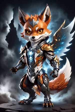 chibi, full body, cyborg fox half body image,(Action Pose: 1.4), ((horror )), king of hell, highly detailed clothes, ((in dark hell)), large devil's wings , big body, ray tracing, with eerie white light penetrating and gradient shadows , (magic mysterious background, glowing particles, ethereal fog, faint darkness), hyper realistic cover photo awesome full color,chibi style,3d style,cyborg style