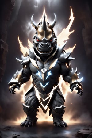 chibi, full body, cyborg rhino, half body image,(Action Pose: 1.4), ((horror )), king of hell, highly detailed clothes, ((in dark hell)), large devil's wings , big body, ray tracing, with eerie white light penetrating and gradient shadows , (magic mysterious background, glowing particles, ethereal fog, faint darkness), hyper realistic cover photo awesome full color,chibi style,3d style,cyborg style