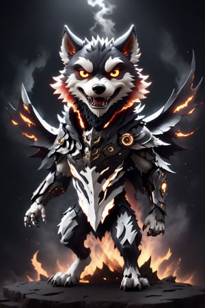 chibi, full body, cyborg wolf, half body image,(Action Pose: 1.4), ((horror )), king of hell, highly detailed clothes, ((in dark hell)), large devil's wings , big body, ray tracing, with eerie white light penetrating and gradient shadows , (magic mysterious background, glowing particles, ethereal fog, faint darkness), hyper realistic cover photo awesome full color,chibi style,3d style,cyborg style