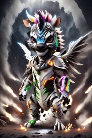 chibi, full body, cyborg zebra animal, half body image,(Action Pose: 1.4), ((horror )), king of hell, highly detailed clothes, ((in dark hell)), large devil's wings , big body, ray tracing, with eerie white light penetrating and gradient shadows , (magic mysterious background, glowing particles, ethereal fog, faint darkness), hyper realistic cover photo awesome full color,chibi style,3d style,cyborg style