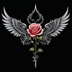 a rose flower whit wing majestic with clasic ornament Mechanical lines Elegance T-shirt design, BLACK BACKGROUND