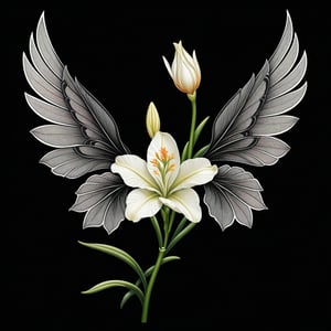 a tuberose flower whit wing majestic with clasic ornament Mechanical lines Elegance T-shirt design, BLACK BACKGROUND