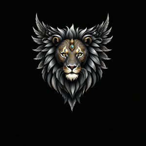 a lion tribal whit wing majestic with clasic ornament Mechanical lines Elegance T-shirt design, BLACK BACKGROUND