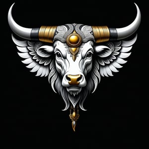 a bull tribal whit wing majestic with clasic ornament Mechanical lines Elegance T-shirt design, BLACK BACKGROUND