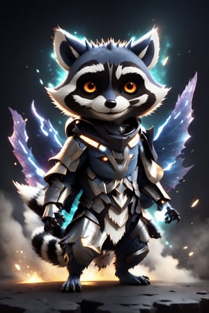 chibi, full body, cyborg raccoon animal, half body image,(Action Pose: 1.4), ((horror )), king of hell, highly detailed clothes, ((in dark hell)), large devil's wings , big body, ray tracing, with eerie white light penetrating and gradient shadows , (magic mysterious background, glowing particles, ethereal fog, faint darkness), hyper realistic cover photo awesome full color,chibi style,3d style,cyborg style