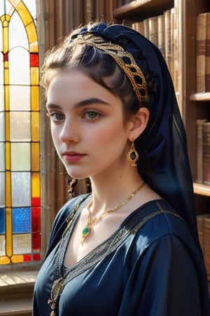 Portrait of a young Irish girl from the waist up, with long dark blue curly hair, large eyes, slim face, pointed chin, in braids and bun. Wearing a black full burqa. Wearing a head scarf, large necklace and long earrings. Standing next to the bookshelves of an old library, behind a beautiful stained glass window, the golden sunlight casts a warm, ethereal glow. Masterpiece, high resolution, studio photo.,aesthetic portrait