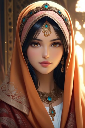 a beautiful hijab girl extremely real 16k hd, elegant arabic hijab, detailed intricate hijab folds, beautiful detailed eyes, beautiful detailed lips, extremely detailed face and features, long eyelashes, soft glowing skin, serene expression, detailed clothing folds, detailed jewelry, detailed background, (best quality,4k,8k,highres,masterpiece:1.2),ultra-detailed,(realistic,photorealistic,photo-realistic:1.37),vibrant colors, realistic lighting,award winning real art