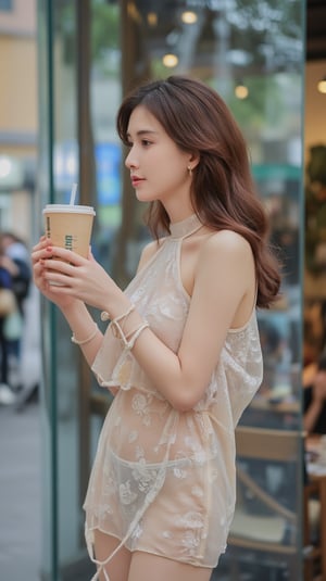 A 25-year-old Asian woman, beautiful, drinking starbucks coffee, Transparent material cut-out dress, long legs lace-up sandals