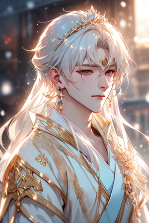 Beautiful and delicate light, (beautiful and delicate eyes), pale skin, brown eyes, white hair, dreamy, muscular, muscle, Asian man, bangs, soft expression, elegance, snow, 8k art photo, realistic concept art, cold, small earrings, fantasy, shyness, white_hanfu,More Detail, 1 boy, pov_eye_contact, black suit, handsome, white_blindfolded, tiara (fairy fencer f）