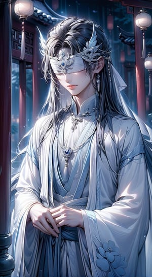 Beautiful, soft light, (beautiful and delicate eyes), very detailed, pale skin, (long hair), dreamy, black long hair, male 1, ((full body shot)), bangs, soft expression, height 170, elegant, 8k art photo, small necklace, small earrings, fantasy, jewelry, dreamy soft image, masterpiece, ultra high resolution, tear, white clothing, white hanfu, night, dark, snowy, whith tone, 1boy, hair accessories, hair ornaments, (wearing white blindfold:1.2), (BP:1.2), standing, chinese garden, ancient chinese, Asian, cover eyes, close eyes, (white big mask:1.3), royal, man, sole male, boy