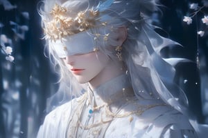 Beautiful, soft light, (beautiful and delicate eyes), very detailed, pale skin, big smile, (long hair), dreamy, male 1, sole male, posing, straight face, crown, bangs, soft expression, elegant , 8k art photo, necklaces, earrings, fantasy, jewelry, shyness, dreamy soft image, masterpiece, ultra high resolution, white clothing, white hanfu, flowers, cherry_blossoms, whith tone, 1boy, many hair ornaments, (hair ornaments:1.4), tiara, (wearing white blindfold:2), (BP:1.2),more detail XL,Gwyndolin